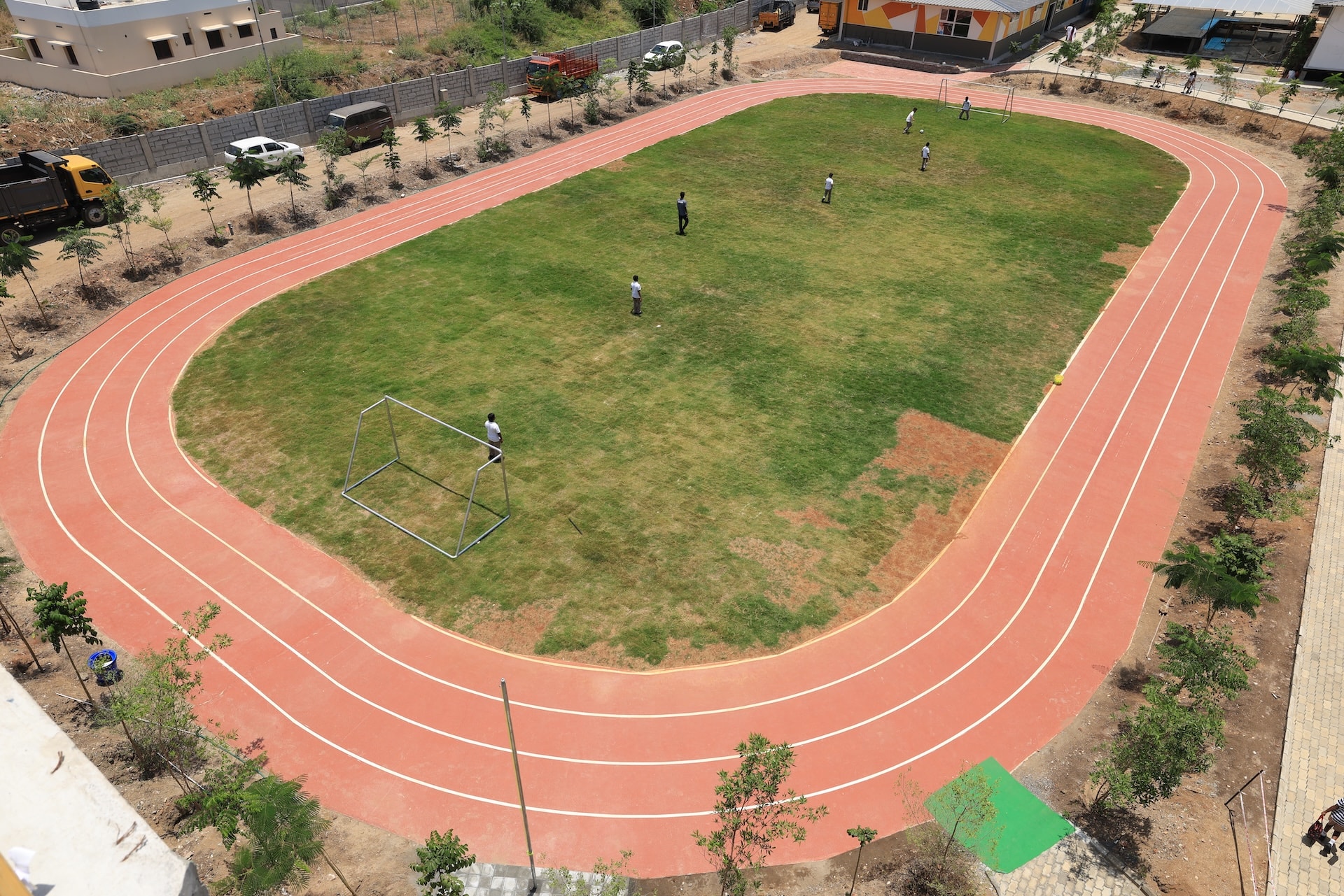 Aerial view of athletics running track and football field